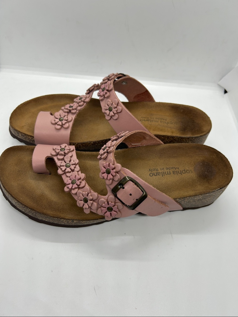 Sophia Milano Wedge Sandals Size 9 Mauve Pink Leather Flowers Slip On Toe Post - Picture 8 of 11
